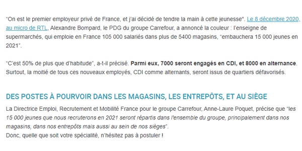 Le PDG du groupe Facebook annonce qu'il compte embaucher 15 000 jeunes en 2021 : 8000 en alternance et 7000 en CDI. 