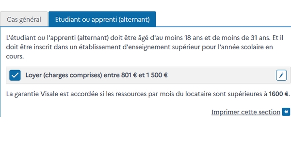 Aides au logement des alternants : en Île-de-France, pour un loyer (charges comprises) entre 801 et 1500€, la Garantie Visale est accordée si les ressources par mois du locataire sont supérieures à 1600  €. 