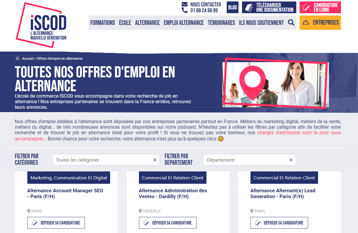 L'iSCOD met quotidiennement à jour un jobboard d'offres en alternance afin d'accompagner ses étudiants dans leur insertion professionnelle.