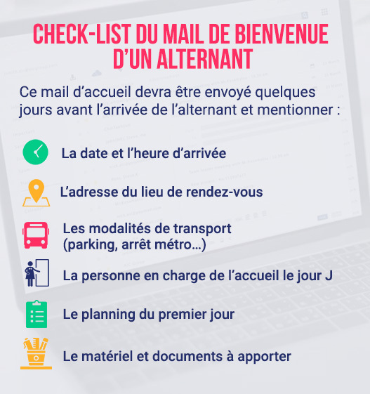 Penser à bien consulter cette check list pour réaliser un bon mail de bienvenue qui permettra d'assurer la bonne intégration de votre futur alternant !