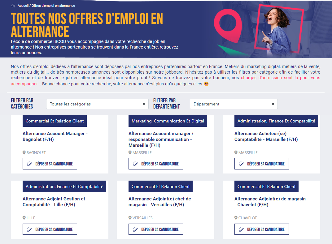 Le jobboard iSCOD est dédié à la recherche d'emploi en alternance et regroupe l'ensemble des offres proposées par nos entreprises partenaires dans la France entière.